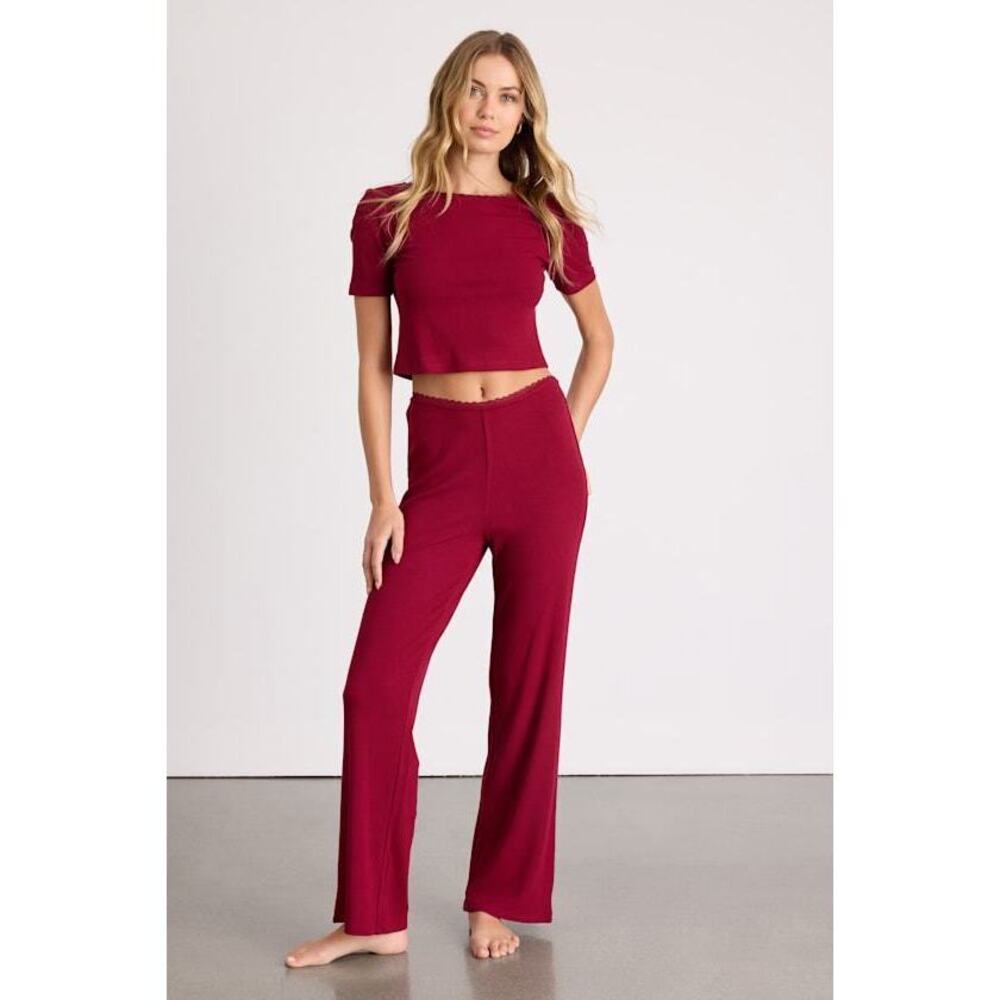 Lulus Laudrey Wine Red Ribbed Knit Wide-leg Lounge Pants - Size L